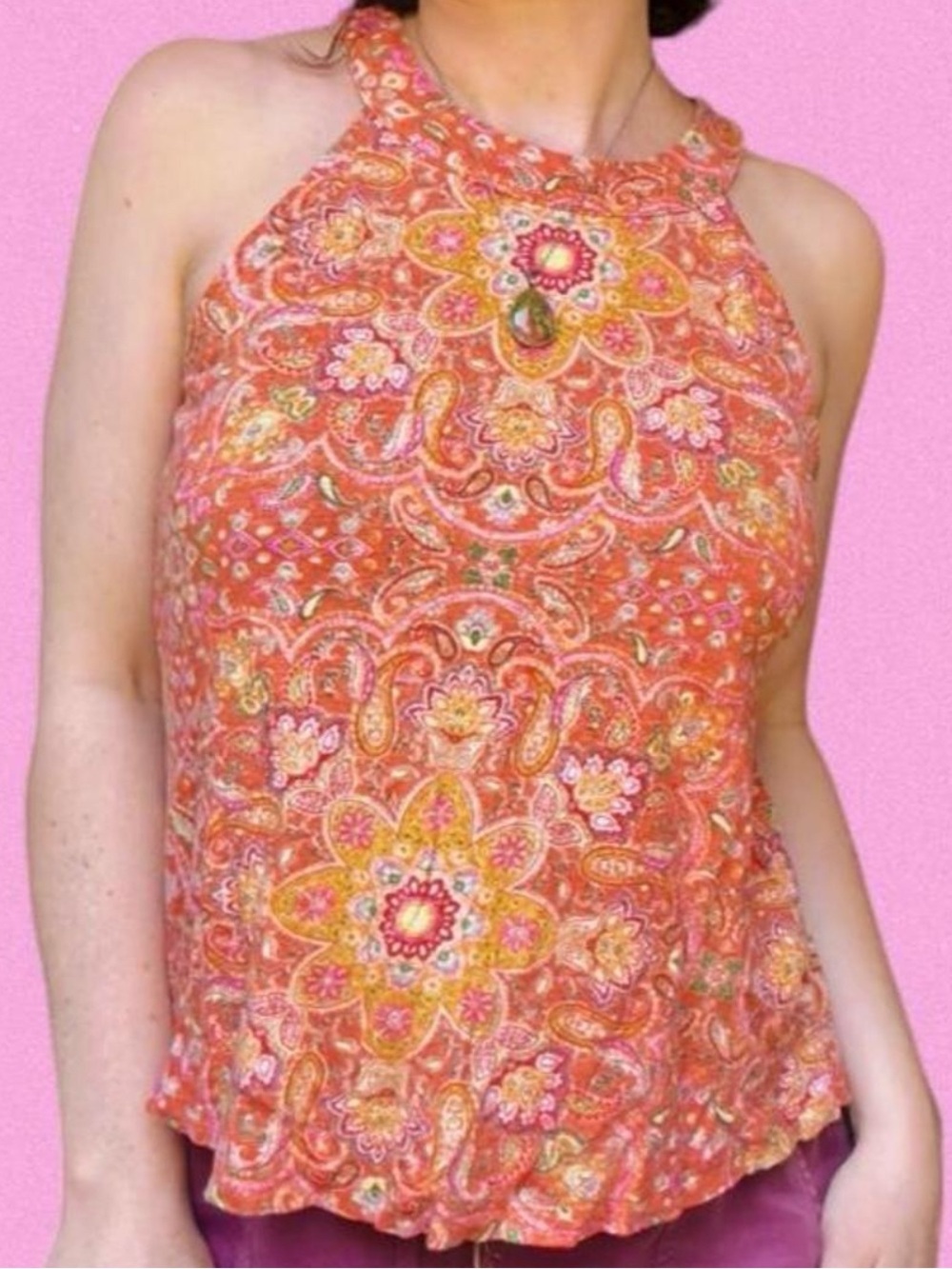 Soft Linen Sleeveless Orange Paisley Halter Top - Joie
